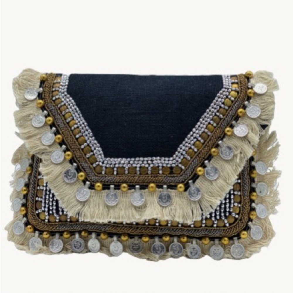 HippieChic beaded clutch handbag with strap, fringe and coins